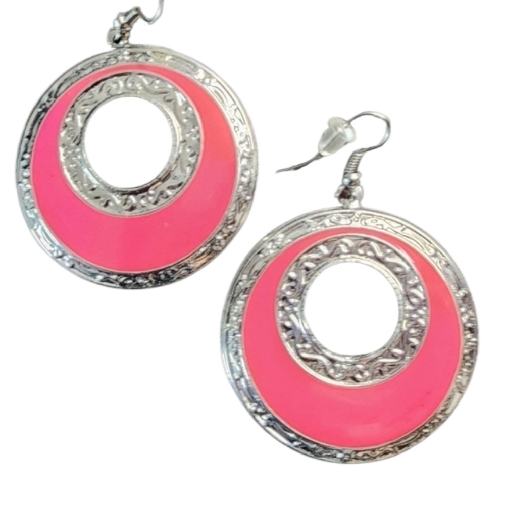 Modern Pink Silver Geometric Hoop Earrings